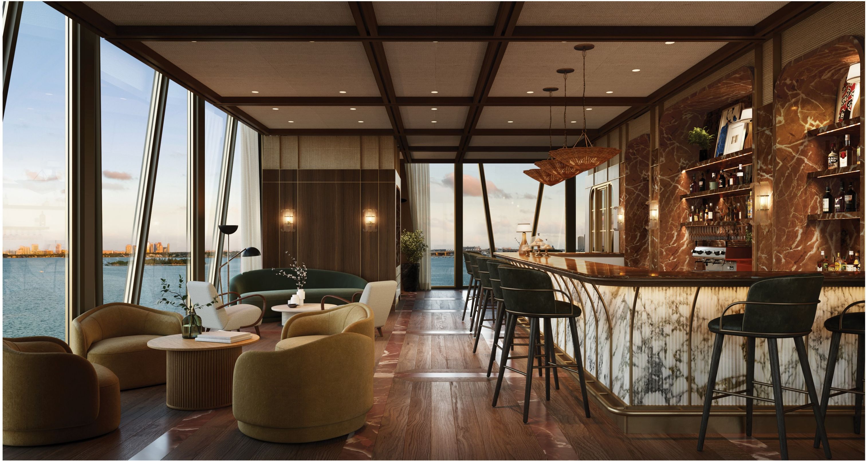 Bayfront lounge and bar with marble counter and water views