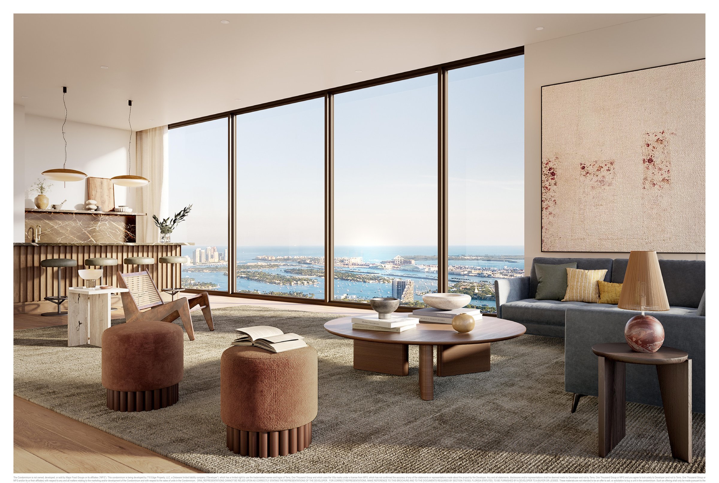 Full-floor living room with custom bar