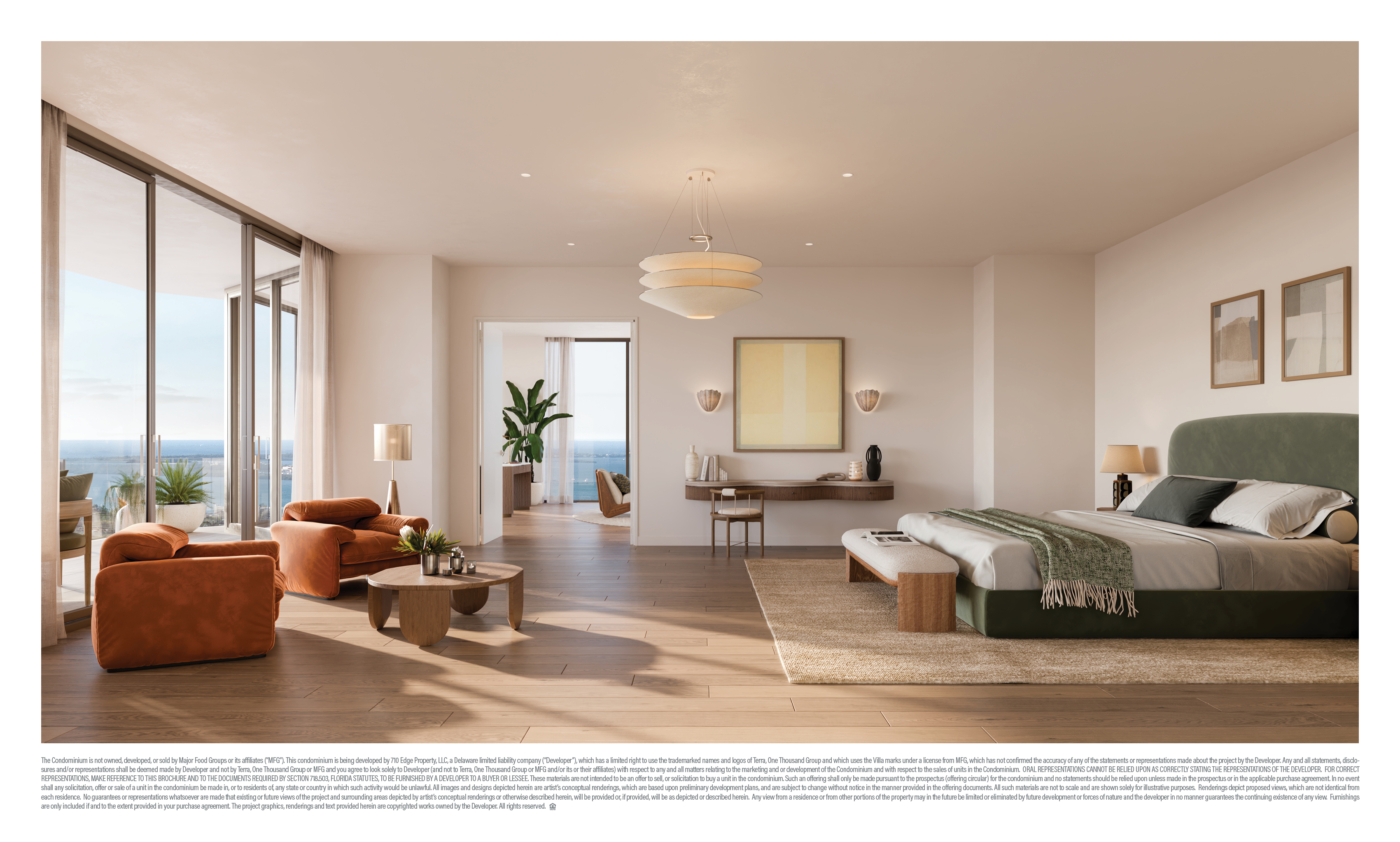 Villa Miami — recámara principal del dúplex con vidrio frente a la bahía
