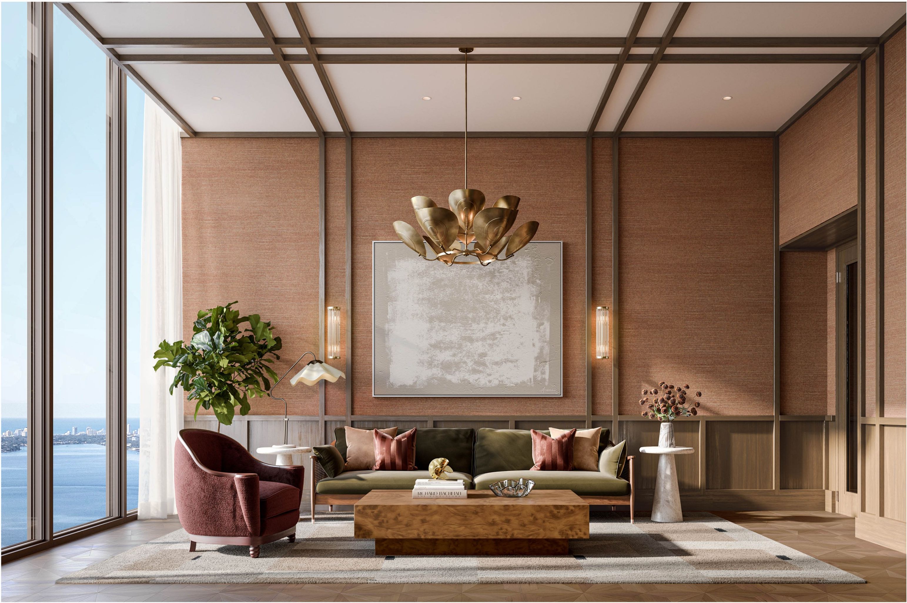 Residence living room with ocean view and brass chandelier