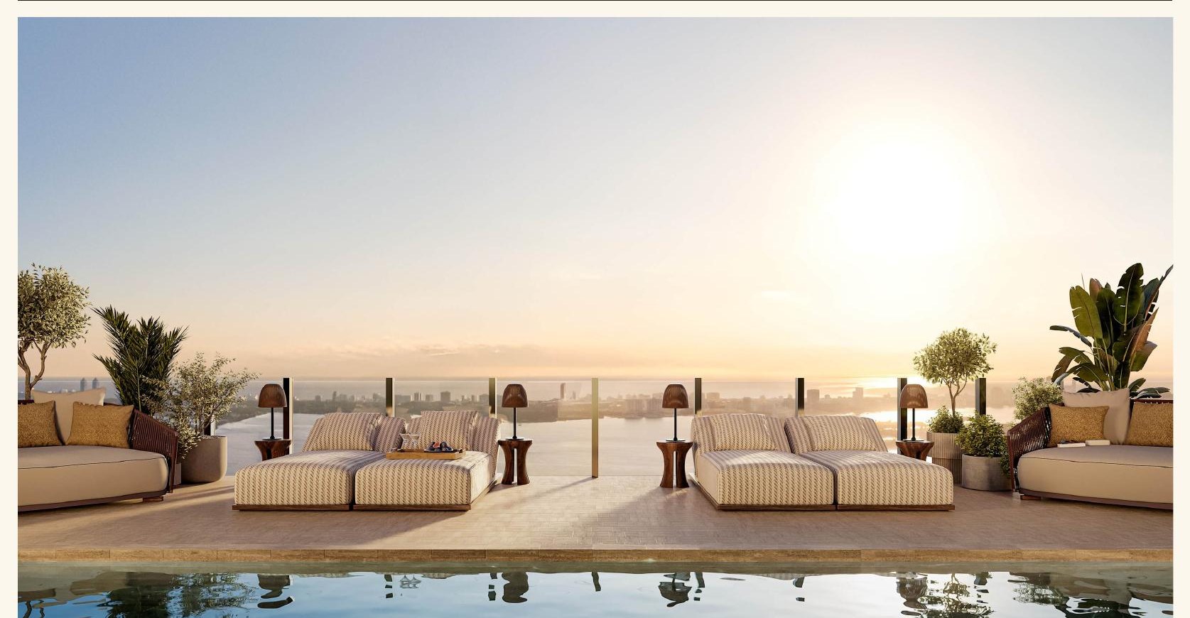 Penthouse private pool deck at sunset overlooking Biscayne Bay