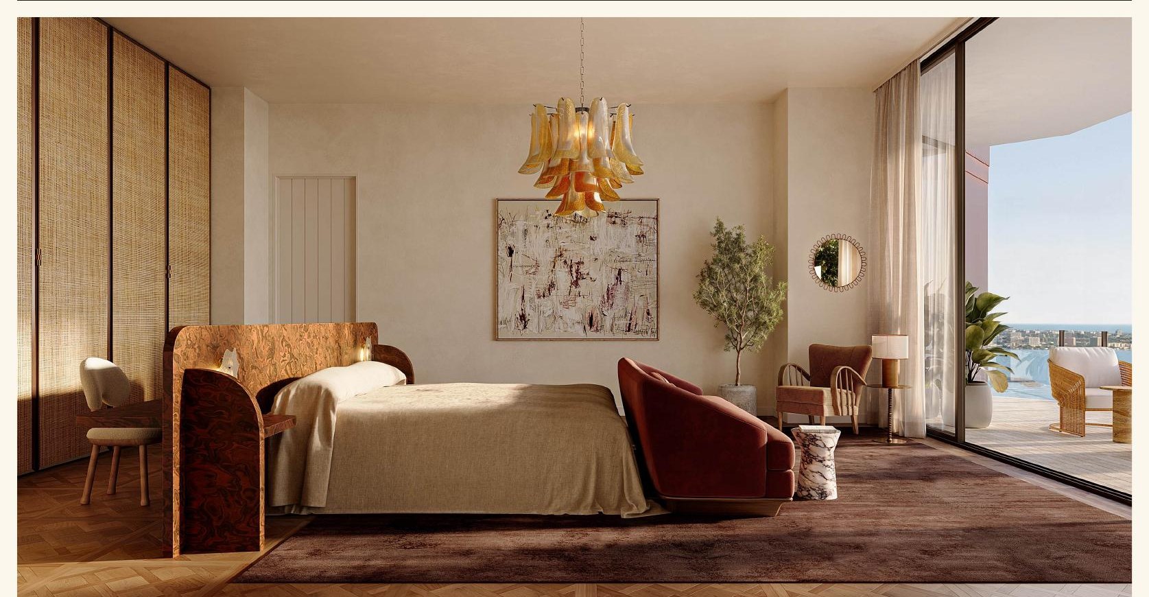 Penthouse primary bedroom with bayfront wall of glass