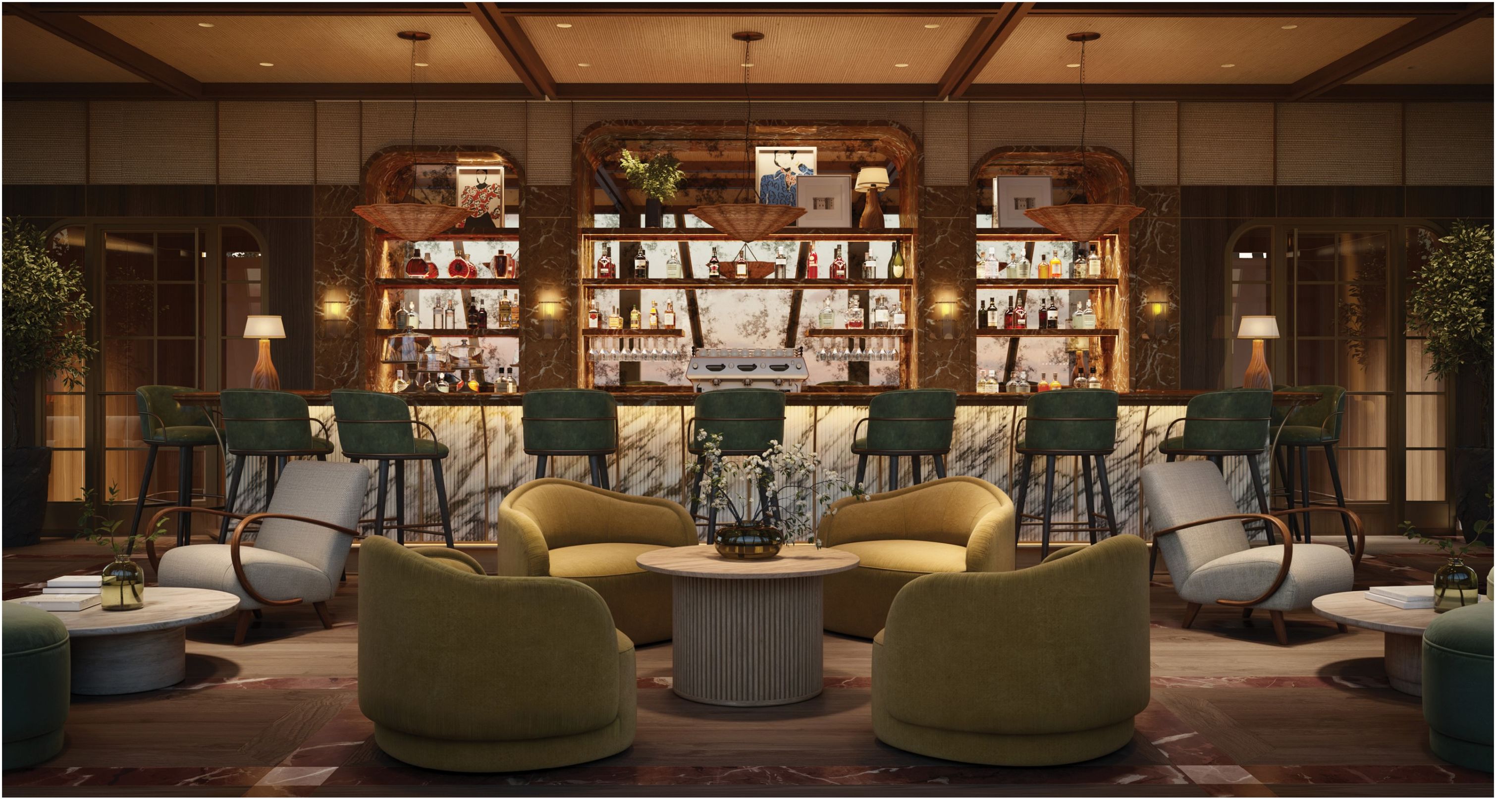 Resident lounge with full bar and intimate seating