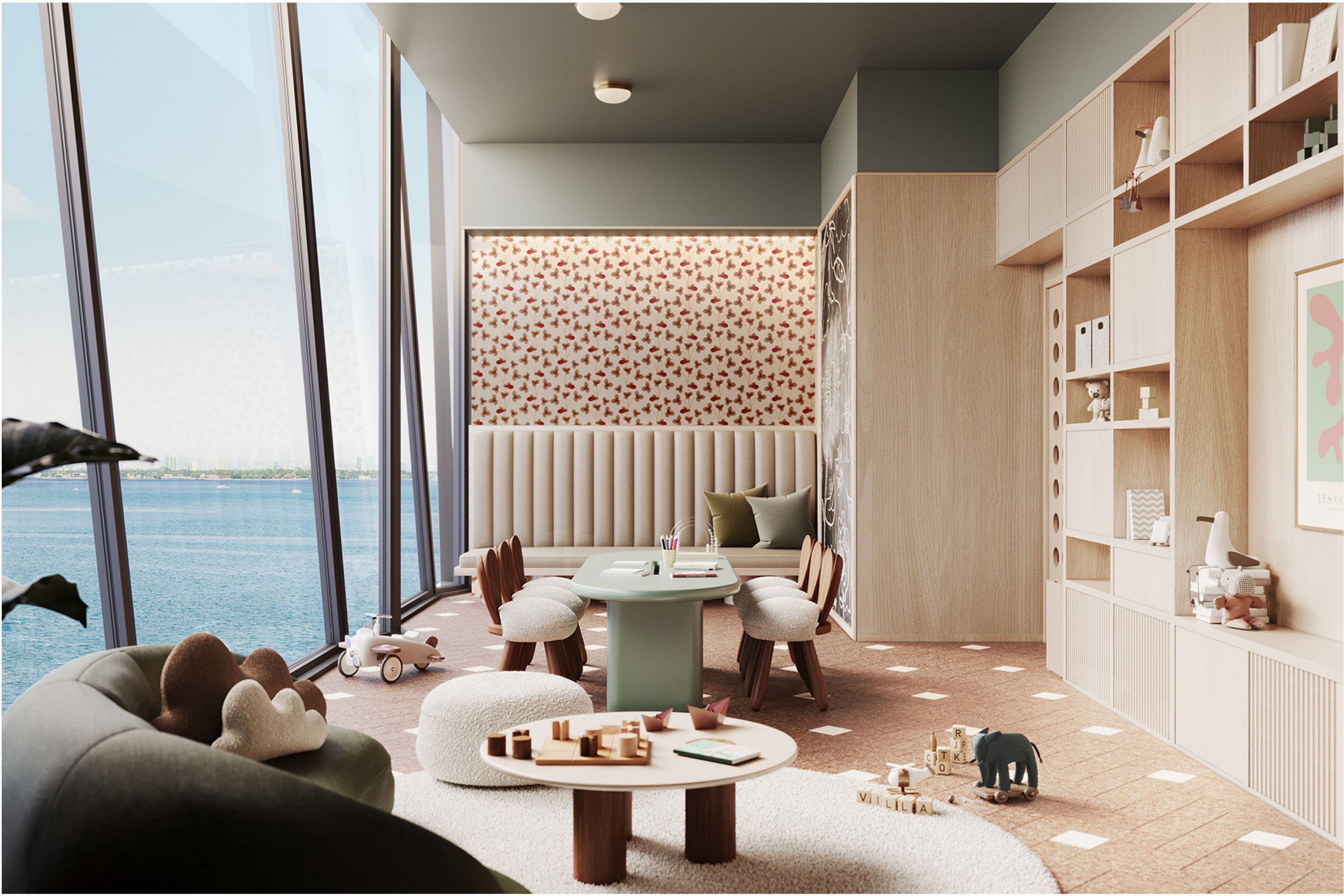 Children's playroom with bay views and library shelving