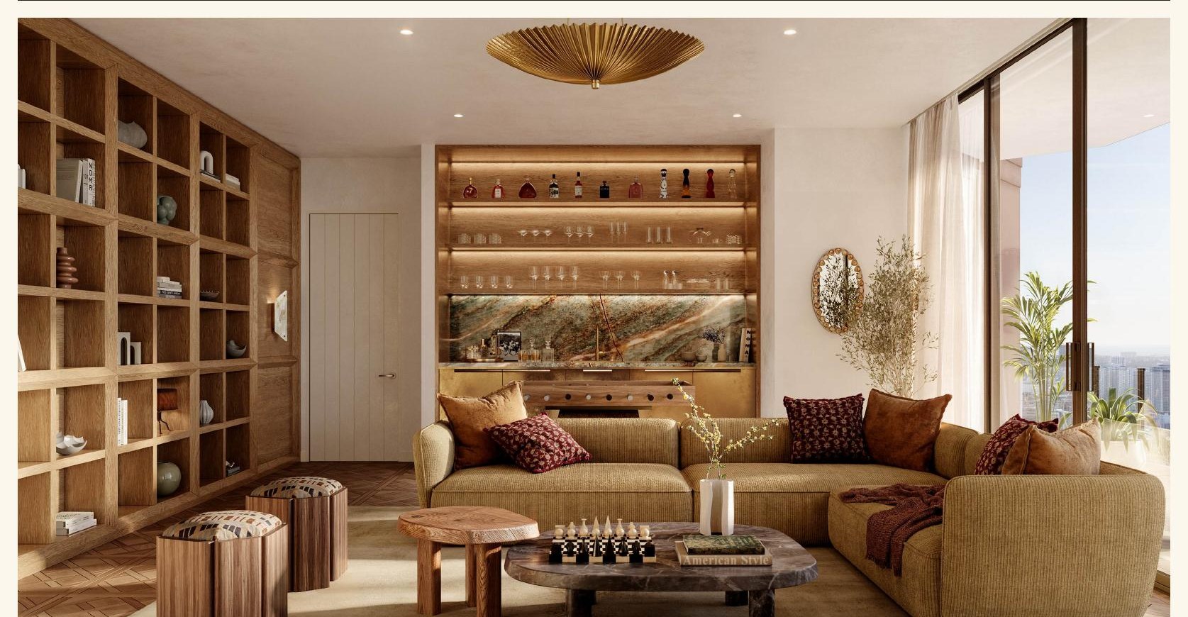 Penthouse recreation lounge with bar and fireplace