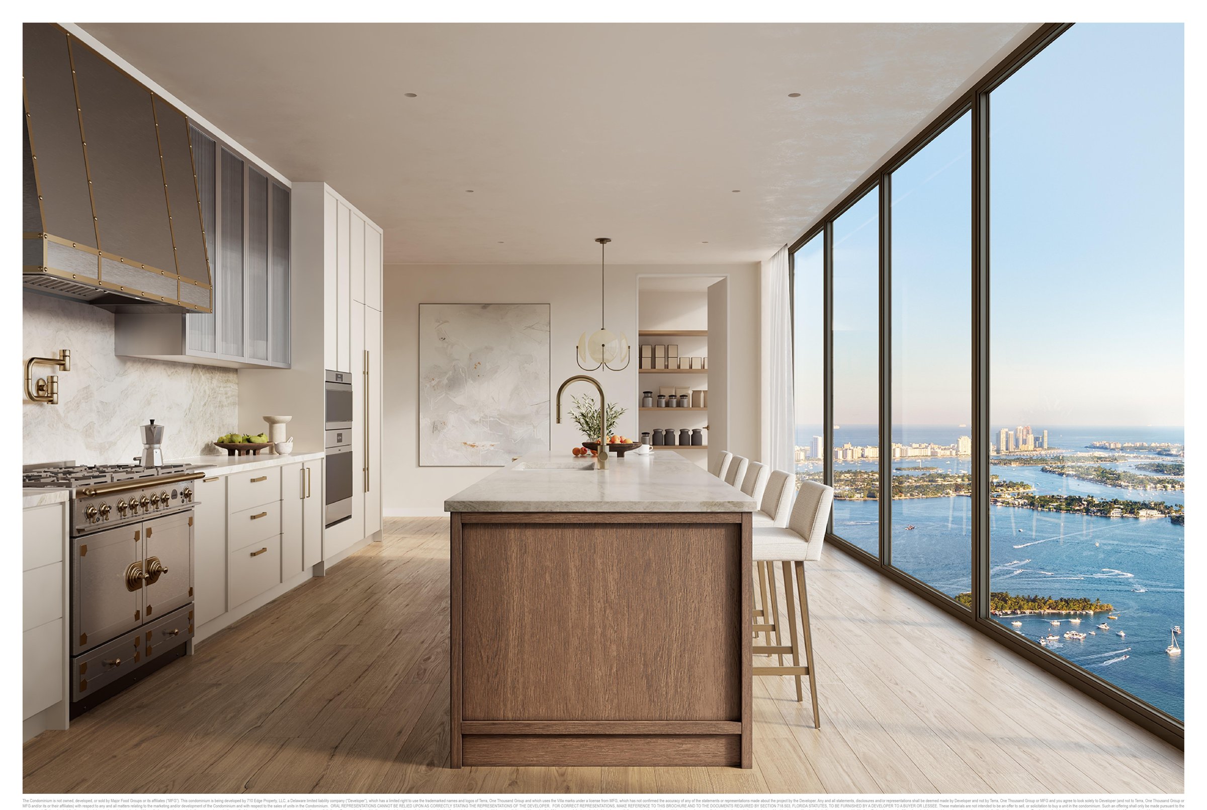 Full-floor chef's kitchen with bayfront window wall