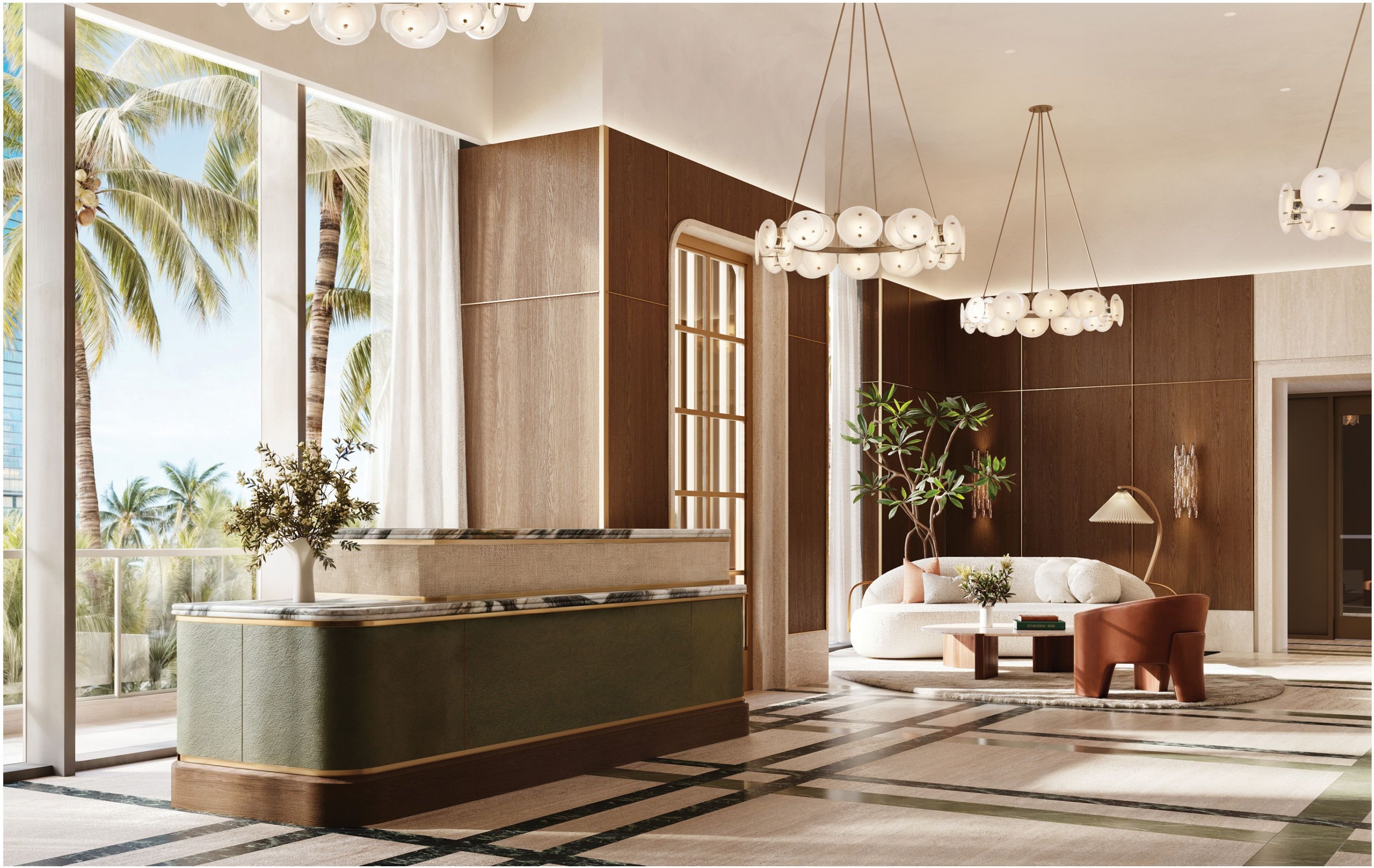 Lobby lounge seating area with curated decor and bay light