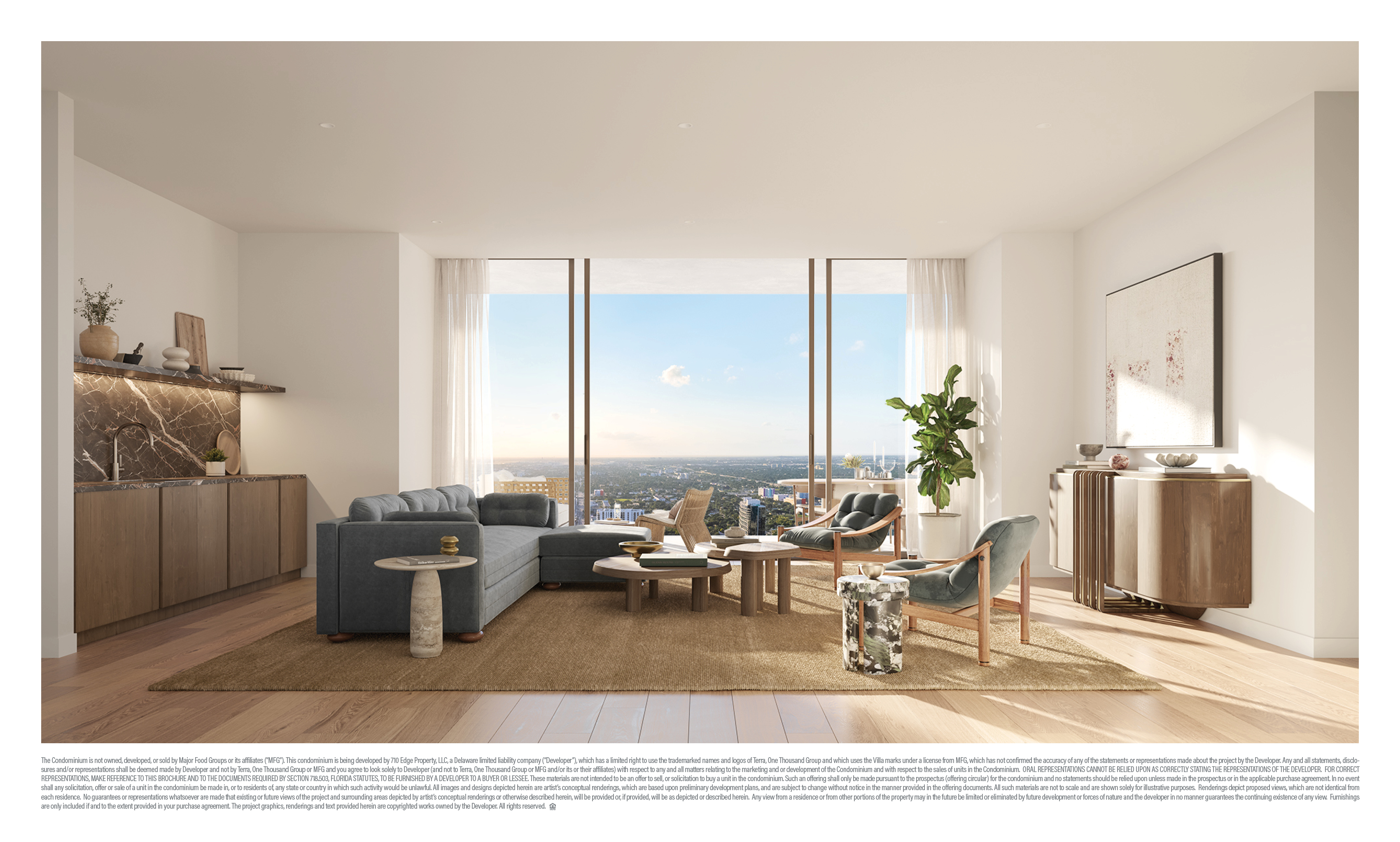 Villa Miami — sala familiar del dúplex con chimenea y vistas a la bahía