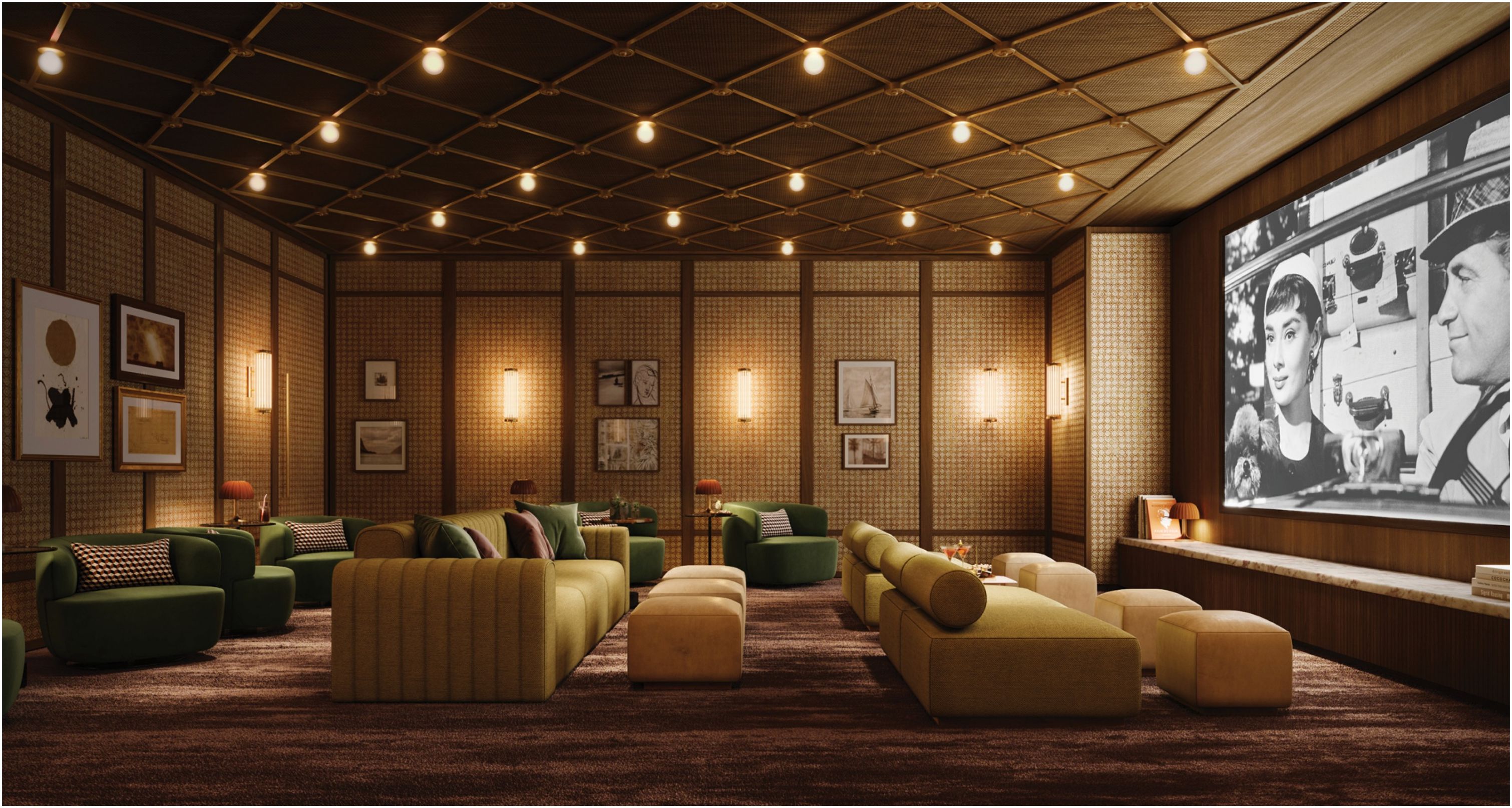Residents' screening room with velvet sofas and projection cinema