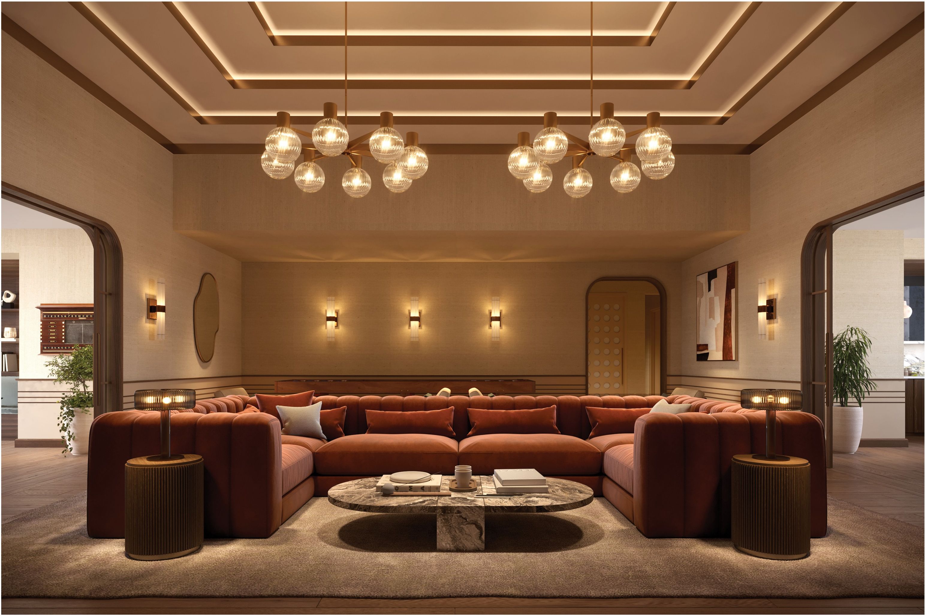 Residents' lounge with sectional sofa and ambient lighting
