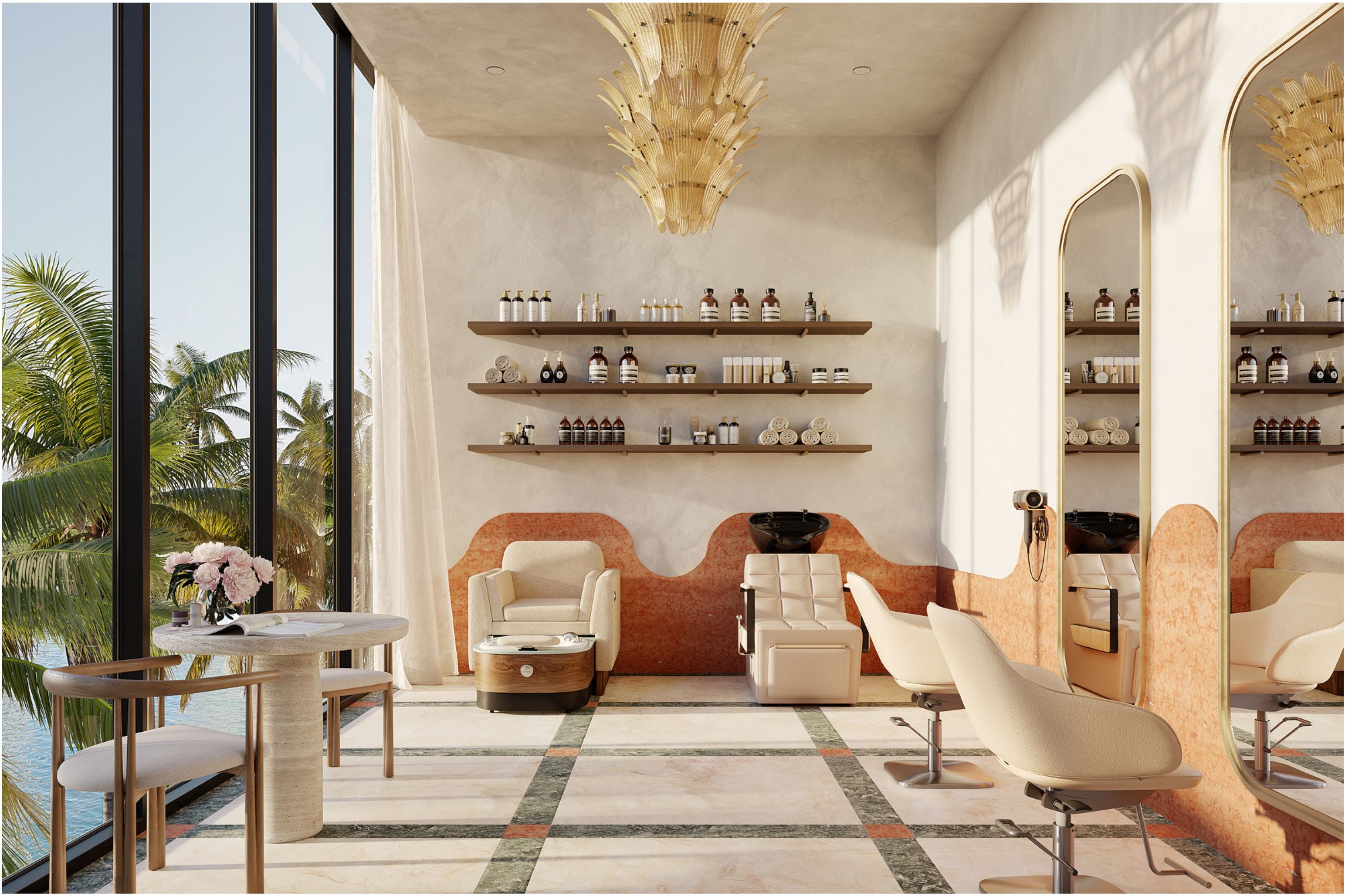 On-site spa salon with palm-tree views and bespoke styling stations